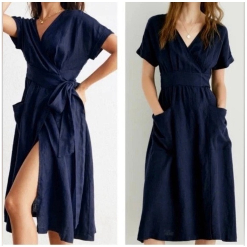 NWT Grae Cove Frankie Linen Navy Blue Wrap Dress Midi Short Sleeve Pocket Size M
